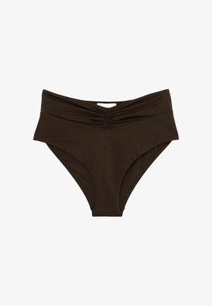 Brązowe bikini z wysokim stanem, z marszczeniem z przodu i gładką teksturą. Zaprojektowane dla wygody i elegancji.