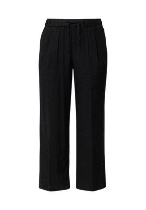 Pantalon noir ample avec taille élastique et cordon, coupe droite et tissu à texture lisse.