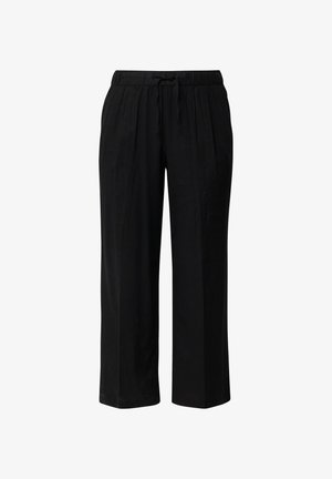 Pantalon noir ample avec taille élastique et cordon, coupe droite et tissu à texture lisse.