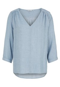 Blusa azzurro chiaro a maniche lunghe con strisce bianche verticali, scollatura a V, dettaglio spalla arricciato e orlo arrotondato. Tessuto di cotone morbido.