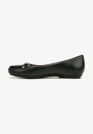 Zwarte leren ballerina's met een ronde neus, een klein decoratief strikje met gouden accenten en een gladde, matte afwerking.