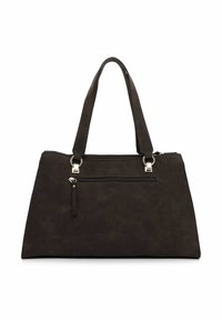 Dark brown handbag made from suede-like material; rectangular shape with double handles, a zippered top, and front pocket with zipper detail.