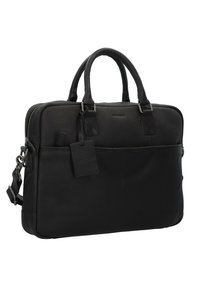 Schwarze Lederaktentasche mit zwei Griffen, abnehmbarem Schultergurt, Vorder- und Rücktaschen, strukturiertem Finish und Reißverschluss.