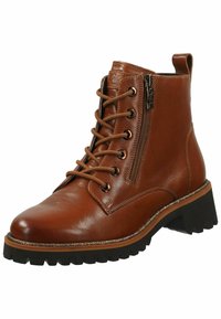 Brown leather ankle boots featuring lace-up and side zip closures, textured upper, and rubber traction sole with a block heel.