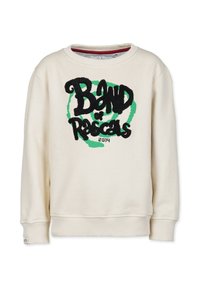 Hoodie off-white dengan leher bulat, menampilkan bordir hitam dan hijau bertuliskan "BAND of Rascals 2014" di bagian depan. Tekstur lembut, dengan manset berrekat.