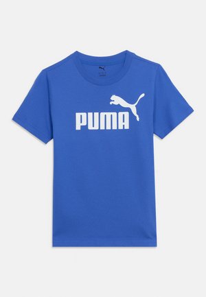 Blue crewneck short-sleeve t-shirt with white Puma logo and jumping puma graphic on front, laid flat on white background.