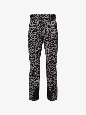 Calças justas de padrão leopardo com remendos pretos reforçados nos tornozelos e bolsos com fecho à frente.