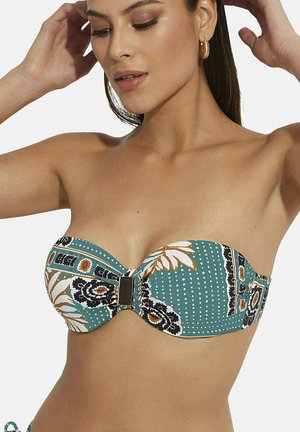 Turquoise bandeau bikini top met bloem- en stippenpatronen, voorzien van een centrale zwarte gesp en een gladde stoftextuur.