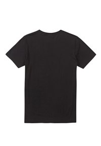 Schwarzes Baumwoll-T-Shirt mit kurzen Ärmeln und rundem Ausschnitt. Glatte Textur, gerade geschnittenes Design, ohne Muster oder Akzente.