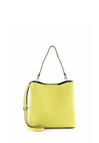 Sac à main en cuir jaune avec une forme rectangulaire structurée. Comprend une poignée supérieure, une bandoulière ajustable et une finition noire le long des contours.