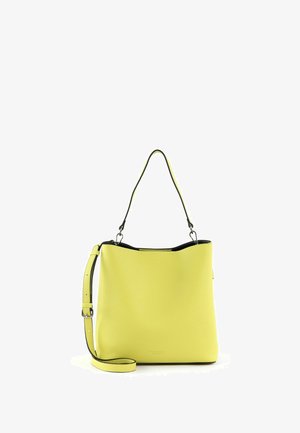 Sac à main en cuir jaune avec une forme rectangulaire structurée. Comprend une poignée supérieure, une bandoulière ajustable et une finition noire le long des contours.