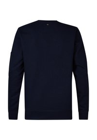 Navyblauwe sweatshirt, gemaakt van een katoenmix, ronde hals, lange mouwen, ribgebreide manchetten en zoom, voorzien van een zak op de linkermouw.