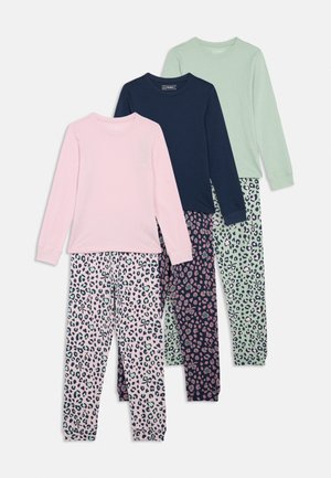 Three sets of children's pajamas with long-sleeve solid tops in pink, navy, and mint, paired with leopard-print pants matching each top color.