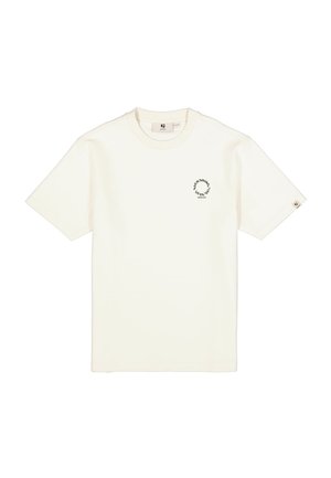 Roomkleurig katoenen T-shirt met een ronde hals, korte mouwen, een klein zwart logo op de linkerborst en een labeldetail op de mouw.