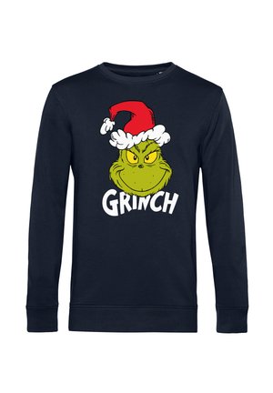 Navy long-sleeve sweatshirt featuring a graphic of the Grinch with a red Santa hat and text reading "GRINCH" in white beneath the image.