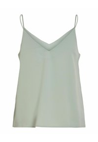 Haut caraco gris clair sans manches avec fines bretelles et encolure en V sur fond blanc.
