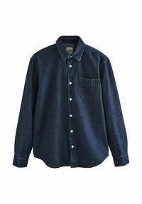 Donkerdenim overhemd met lange mouwen, een knoopsluiting aan de voorkant en een enkele borstzak. Heeft een klassieke kraag en witte knopen. Soepele textuur.