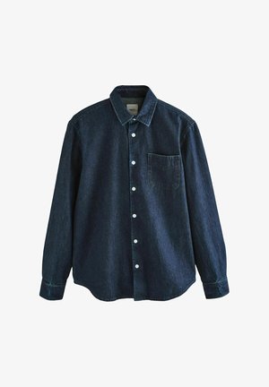 Temen modra srajca z dolgimi rokavi, gumbnim zapiranjem spredaj in enim žepom na prsih. Ima klasičen ovratnik in bele gumbe. Gladka tekstura.