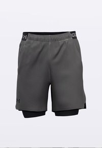 Szare spodenki sportowe z czarnym elastycznym pasem, z logo. Mają gładką fakturę i wewnętrzną warstwę dla wygody.