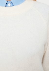 Άτομο που φοράει ένα ανοιχτό μπλε πουκάμισο με γιακά κάτω από ένα κρεμ μπλουζάκι πλεκτού με στρογγυλή λαιμόκοψη.