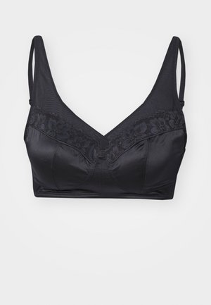 Svart bralette med glatt satengfinish, blondedetaljer langs toppen, justerbare stropper og et mykt, uten polstring design.