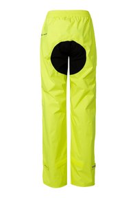 Neon yellow waterproof pants with a black circular patch on the back, featuring an elastic waistband and Velcro ankle closures.