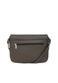 Borsa a tracolla in pelle marrone con tasca frontale con zip, tracolla regolabile e texture liscia, caratterizzata da elementi di design minimalista.