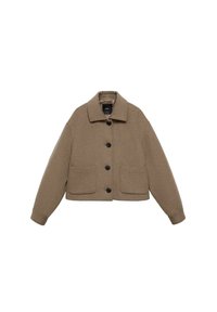 Veste cropped en laine marron avec un col, fermeture à boutons sur le devant et deux grandes poches à rabat à l'avant. Texture lisse.