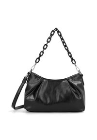 Black leather handbag with a pleated design, chain shoulder strap, and smooth texture. Features a detachable leather handle.