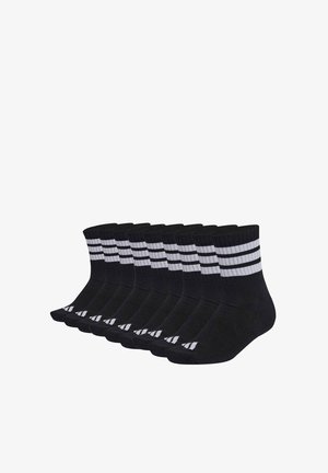 Ten black crew socks with two white stripes near the top and a small white logo on the toes, neatly aligned side by side.