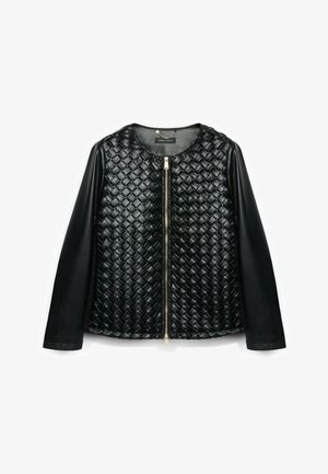 Schwarze Lederjacke mit gewebtem Vorderteil, glatten langen Ärmeln und Frontreißverschluss, fotografiert vor weißem Hintergrund.