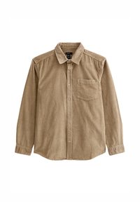 Chemise à manches longues pour homme en velours côtelé beige avec col et une poche poitrine unique, posée à plat sur un fond blanc.