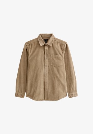 Camisa de pana beige para hombre, de manga larga, con botones, cuello y un bolsillo en el pecho, extendida sobre un fondo blanco.