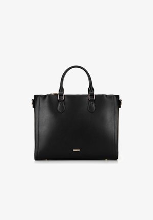 Zwarte leren tote bag met dubbele handgrepen, gestructureerd ontwerp, subtiele glans, hardware in goudkleur en een klein logo-plaatje aan de voorkant.