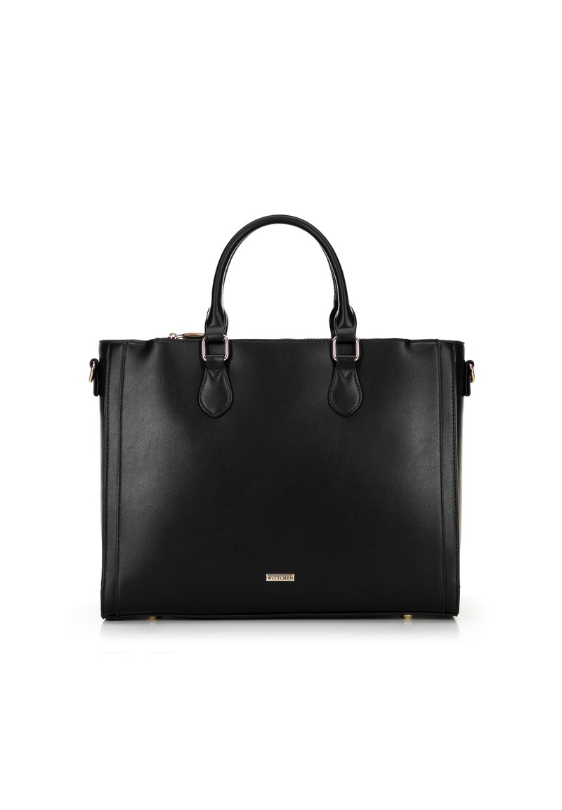 Borsa tote nera in pelle con manici doppi, design strutturato, lucentezza sottile, hardware dorato e una piccola placca con logo sul fronte.