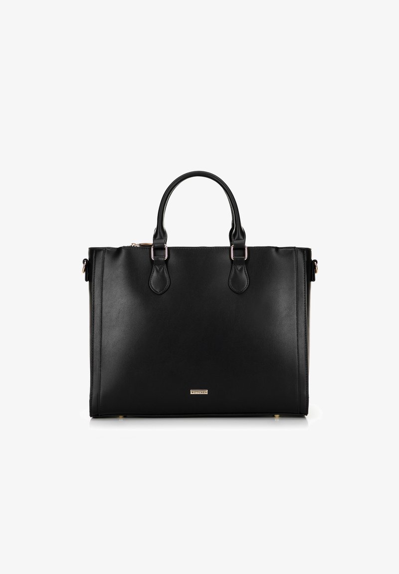 Schwarze Leder-Tote mit doppelten Griffen, strukturiertem Design, subtiler Ausstrahlung, goldfarbener Hardware und einem kleinen Logo-Plaque auf der Vorderseite.