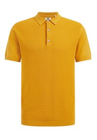 Short-sleeve polo shirt in bright yellow with a textured knit design, three-button placket, and a classic collar.