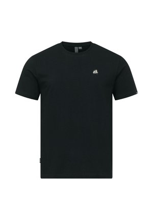 Schwarzes T-Shirt mit kurzen Ärmeln und Rundhalsausschnitt, auf der linken Brust befindet sich eine kleine weiße Rollerstickerei sowie ein seitliches Etikett in der Nähe des Saums.