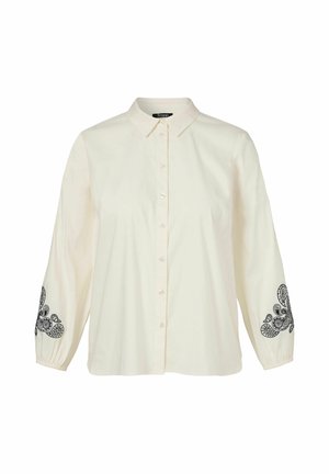 Langärmliges Hemd mit Knopfleiste, Kragen und schwarzer Paisley-Stickerei an den unteren Ärmeln.