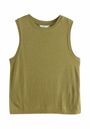 Olive green sleeveless cotton tank top with a round neckline and a relaxed fit. Smooth texture with no visible patterns or accents.
