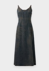 Jeans obleka z V-izrezom, vrvicami in silhueto do tal. Ima bledikavo modro barvo in subtilne teksturne razlike.