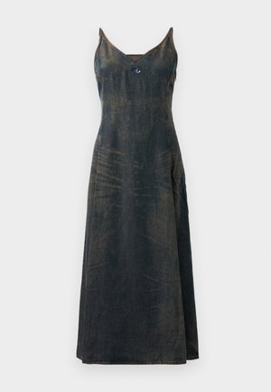 Denim kleit V-kaelusega, õhukeste rihmadega ja täispikkuses siluett. Omab pleekinud sinist tooni ja kergeid tekstuurimuutusi.