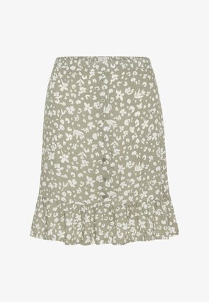 Falda de algodón verde con patrón floral blanco, presenta un dobladillo con volantes y cierre frontal de botones. Textura suave, diseño hasta la rodilla.