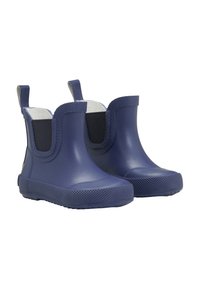 Marineblaue Gummistiefel mit elastischen seitlichen Einsätzen, strukturierten Sohlen und Zuglaschen für leichtes Anziehen. Glatte Oberfläche mit rundem Zehendesign.