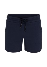 Pantalones cortos de algodón azul marino con cinturilla elástica, cordón ajustable y dos bolsillos laterales. Textura suave con dobladillos cosidos.
