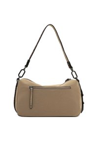 Borsa a spalla in tessuto beige con tasca con zip, texture liscia, tracolla regolabile e accenti metallici a contrasto.