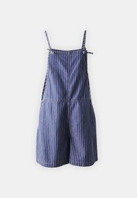 Denim yöpuku, jossa on pystysuorat valkoiset raidat, säädettävät olkaimet ja löysä istuvuus, joka ulottuu reiden puoliväliin.