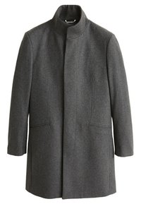 Manteau en laine gris foncé avec col montant, fermeture frontale dissimulée, manches longues et deux poches latérales fendues.