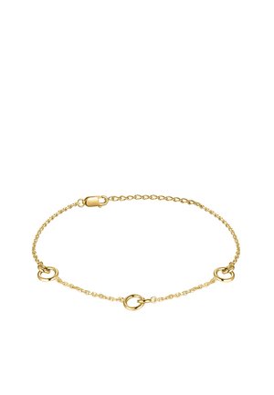 Gold chain bracelet featuring interspersed circular accents and a lobster clasp closure. Smooth texture with a polished finish.