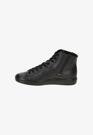 Schwarze High-Top-Sneaker aus glattem Leder mit Schnürung und seitlichem Reißverschluss. Sie verfügen über eine schlanke Form und eine Gummisohle für guten Grip.